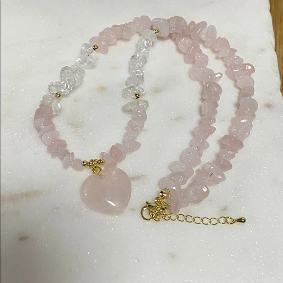 Rose Quartz Heart Pendant Beaded Necklace - Pink - Picture 9 of 9